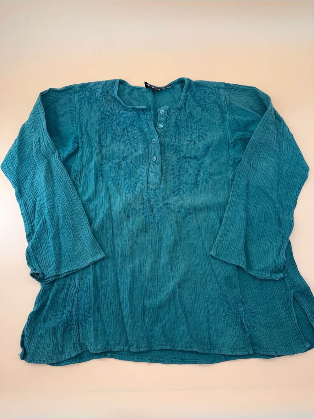 Funky People Bohemian Teal Embroidered Cotton Gauze Tunic Top